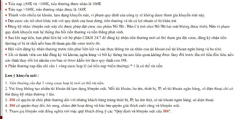 Điều kiện và điều khoản áp dụng khi tham gia khuyến mãi tại J88